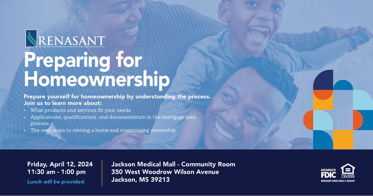 Hey Jackson! Looking to purchase your first home this year? Join us for a Lunch & Learn about Homeownership at the Jackson Medical Mall on Friday, April 12. Please register today by contacting George Broadstreet. GBroadstreet@renasant.com | 601-460-6027 #JacksonMS