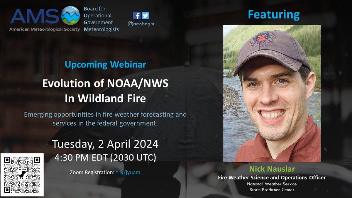 ** CORRECTED TIME ** Join us Tuesday, April 2nd at 4:30 PM EDT/2030 UTC as Nick Nauslar discusses his journey to becoming the Fire Science & Operations Officer at @NWSSPC, along with NOAA/NWS's role in wildland #fire. #webinar #meteorology Register: t.ly/jyuam