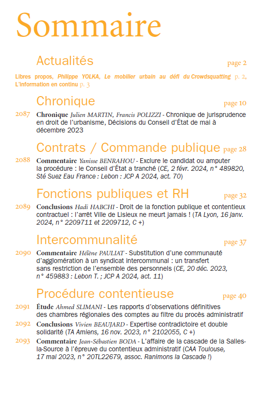 JCP A (@jcpa1) on Twitter photo A paraître dans le n° 13 du JCP A (édition du 2 avril 24),
👉Les rapports d’observations définitives des CRC au filtre du procès administratif
👉Le mobilier urbain au défi du Crowdsquatting
++ #commandepublique <a href="/DSuivi/">Yanisse Benrahou</a>
#fonctionpublique
#intercommunalité
Sommaire 👇 A paraître dans le n° 13 du JCP A (édition du 2 avril 24),
👉Les rapports d’observations définitives des CRC au filtre du procès administratif
👉Le mobilier urbain au défi du Crowdsquatting
++ #commandepublique <a href="/DSuivi/">Yanisse Benrahou</a>
#fonctionpublique
#intercommunalité
Sommaire 👇