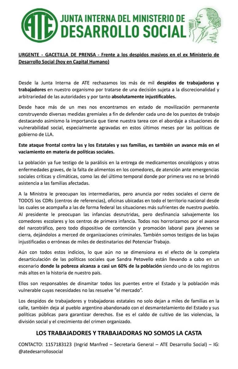 Más de mil despidos en el ex Ministerio de Desarrollo Social. Lo mismo ocurre en otras dependencias de la Administración Pública Nacional. En Semana Santa, Milei deja en la calle a 15.000 familias. Sádicos, crueles e insensibles. ¡BASTA MILEI! En abril, ¡PARO NACIONAL!