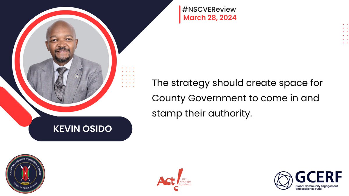 'The strategy should create space for County Government to come in and stamp their authority.' @KevinOsidoEsq Executive Director, @CGW_Kenya 

#NSCVEReview #SecureKe #TuweTayariKuilinda #BeVigilant

@tendasasa @theGCERF @GCERF_ED