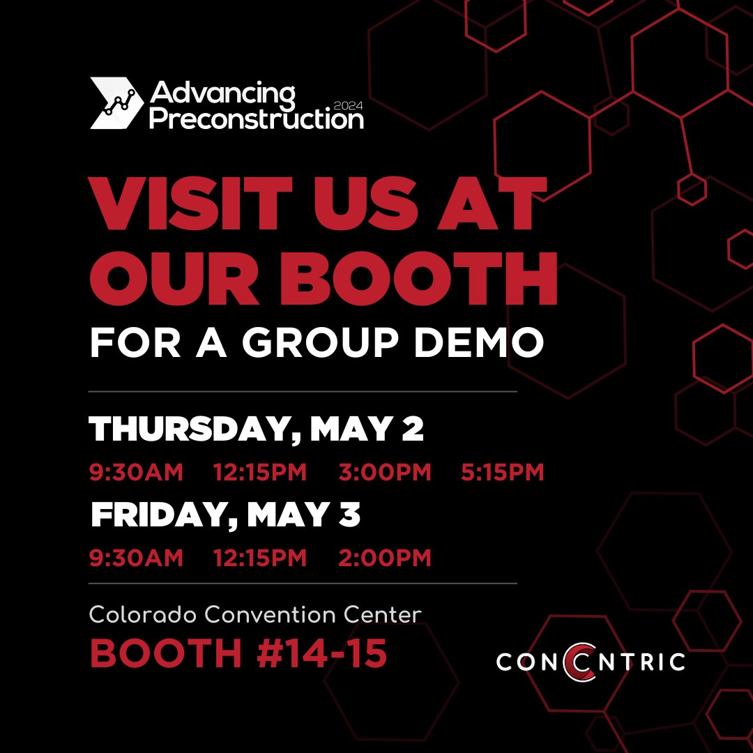 Visit us at our booth (# 14-15), to learn how ConCntric's platform can help you win more projects, enhance your client experience, increase your margin, and reduce project risks.

Sign up for a group demo here: hubs.li/Q02r2JqK0

#ACP2024 #advancingpreconstruction2024