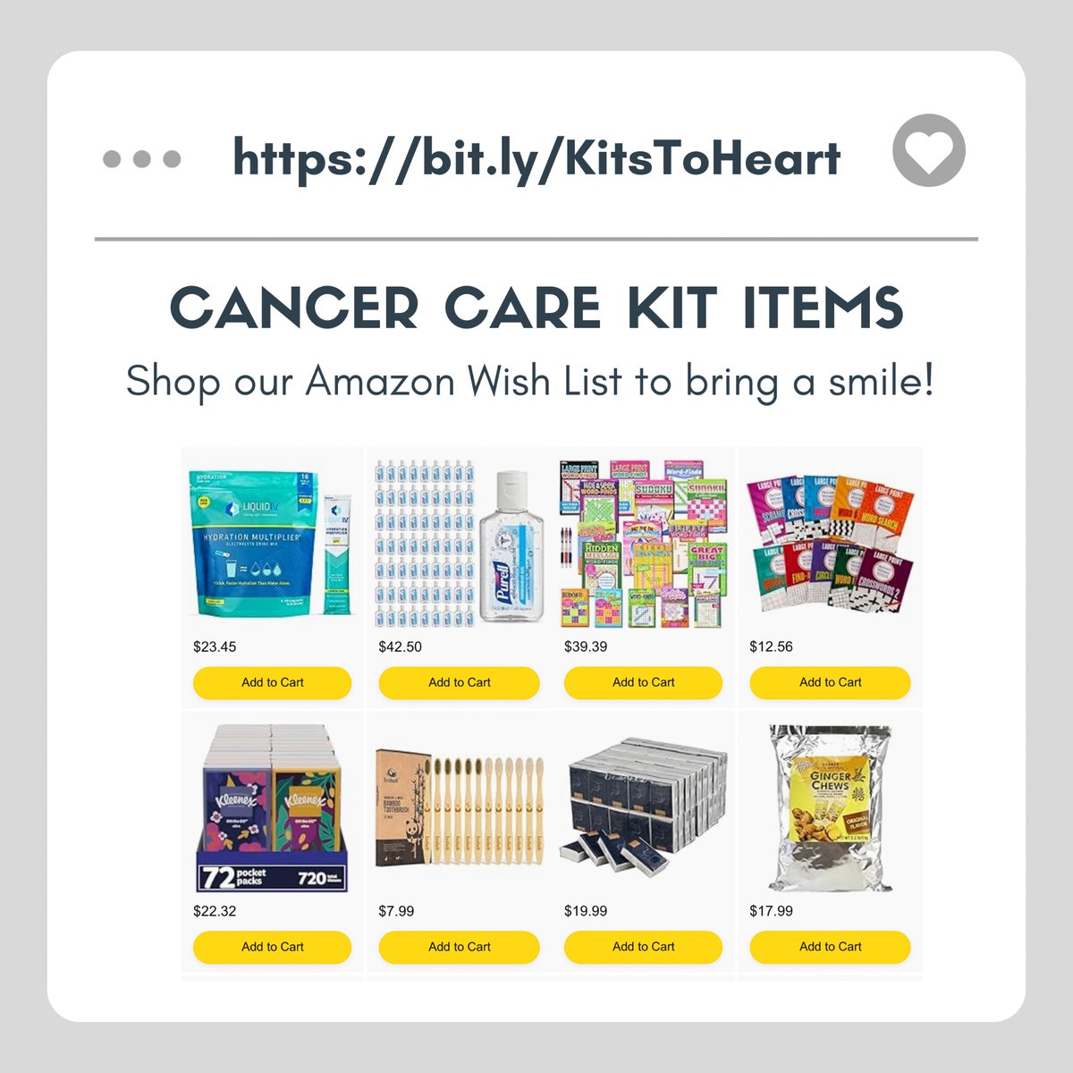 👋 Can you help? We’re running LOW on hand sanitizers, puzzle books, and more for our #cancercare kits!

🙏 We made it easy to support patients undergoing #cancer treatments—just shop directly from our #AmazonWishList at bit.ly/KitsToHeart! 

#cancersupport #maryland #hocomd