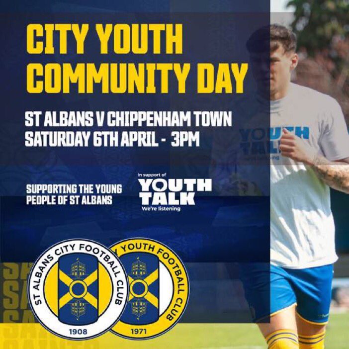 🟡’City Youth Day’ 2024🔵 ⚽️ @stalbanscityfc v Chippenham Town - Sat 6th April, 3pm 📣all @CityYouthFC coaches, players family & friends. Get down to Clarence Park in 🟡&🔵 Supporting charity partner @Youth_Talk_SA Full details including 🎫 info 👇 tinyurl.com/4kz7b4mu