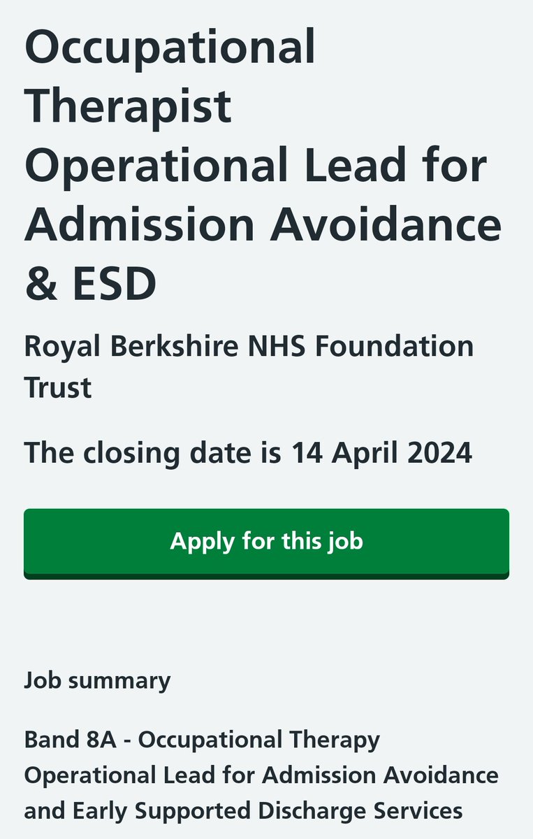 A fantastic leadership opportunity for Occupational Therapists to lead on an important agenda for our trust and be part of a forward thinking and supportive Therapies service. Please share widely. jobs.nhs.uk/candidate/joba… @jessicaemilybea @rbhtherapyteam @ZoeHaddock @gemdonn42