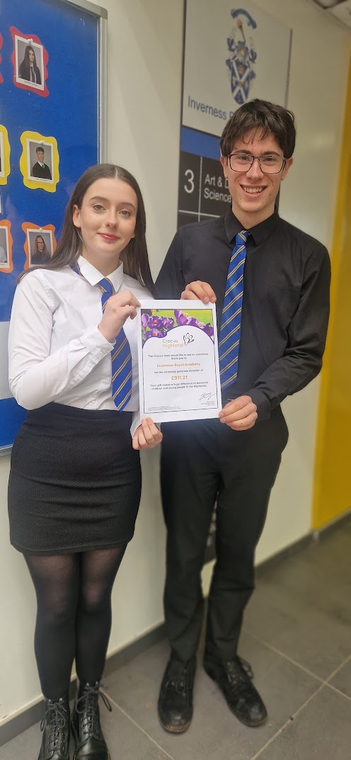 Morgan Thorpe and James Luke organised a range of events this term to raise money for Crocus Highland. This included a dress down day, bake sale and teacher gunging to raise funds. They have successfully raised the magnificent amount of £911.21. Well done to everyone involved!