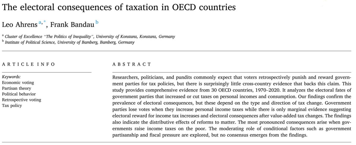 Frank Bandau and I analyze whether governments experience electoral consequences after PIT and VAT tax reforms in a new @ElectoralStdies publication. Below is a thread summarizing our findings. Open access: doi.org/10.1016/j.elec…