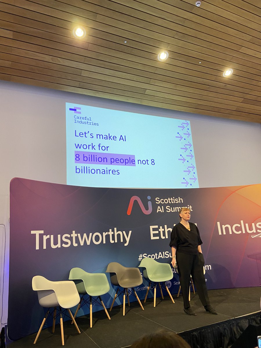 💫 We're up. The @rachelcoldicutt keynote talks inclusive, sustainable solutions to difficult problems in AI through three simple principles: - People first, always - Automate the easy things - Embrace lived experience #ScottishAISummit2024