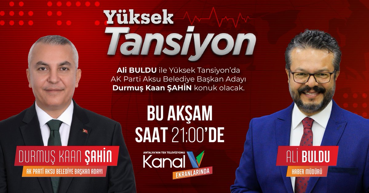 Ali Buldu ile Yüksek Tansiyon, bu akşam AK Parti Aksu Belediye Başkan Adayı Durmuş Kaan Şahin'i ağırlayacak. @durmuskaansahin @alibuldu07