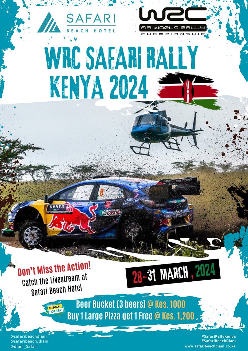 Ready, set, rally! @diani_safari is your ultimate destination to catch all the adrenaline-fueled action of the WRC Safari Rally Kenya 2024 live on our big screen, starting today! #SafariBeachDiani #WRCSafariRally2024 #Easter #EasterWeekend