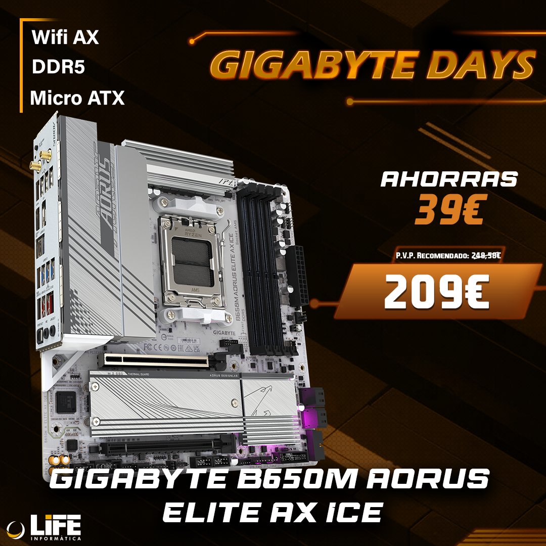 Experimenta un rendimiento incomparable con la placa Gigabyte🔝 Eleva tu experiencia con esta placa base de alto rendimiento y conectividad y aprovecha los💥GIGABYTE DAYS💥 para hacerte con ella. Más info aquí 👉 n9.cl/6dysm @aorus_es #LIFEinformatica #Aorus #GIGABYTE