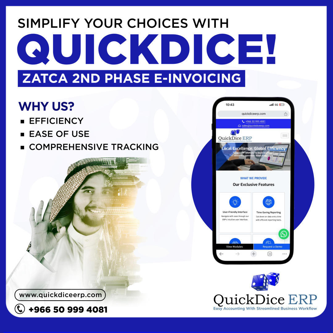 Simplify Zatca's 2nd phase e-invoicing with Quickdice! Streamlined solutions for seamless compliance. Stay ahead with Quickdice today!#pulseinfotech #quickdice #quickdiceinvocing #quickdiceaccounting #quickdiceinvoice #saudiarabia #ksa #zatcaeinvoicing

🌐quickdiceerp.com
