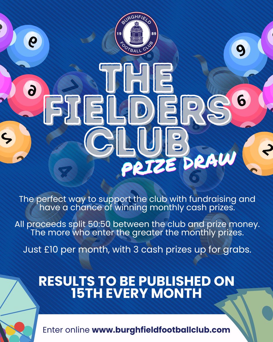 BurghfieldFC's tweet photo. Introducing 🥁… ‘The Fielders Club’ Cash Prize Draw.

Support the club with raising funds and have a chance of winning monthly cash prizes.

Entry is just £10 per month, with 3 cash prizes up for grabs💰💰💰

ENTER HERE ➡️ https://t.co/gkJLCwB5rT

#UpTheFielders https://t.co/COKIq5nCvI