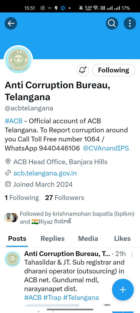 Finally the Twitter handle of ACB TELANGANA Is launched . Thank you @CVAnandIPS sir for the novel initiative. Sooner will meet and discuss the crucial data which will help to weed out the corruption.