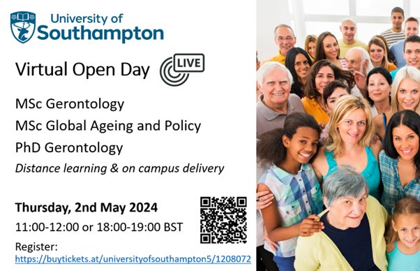 Join us for Virtual Open Day about MSc and PhD progs in Gerontology/Global Ageing and Policy @CRASoton . Register here: buytickets.at/universityofso…
