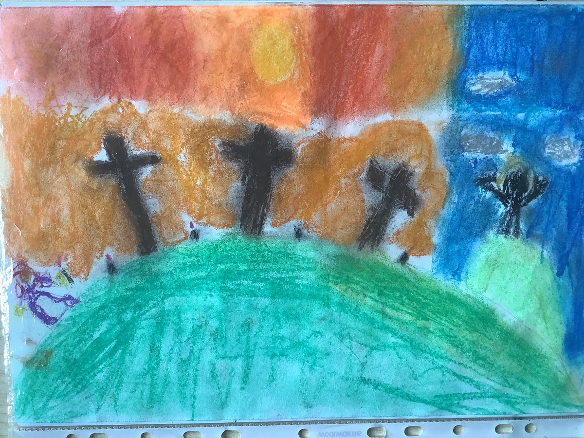 Y3 shared their thoughts on Good Friday today as part of our school Easter worship. They also shared some artwork they had created to represent this part of Holy Week. @StAnnes_EHS @BathWells