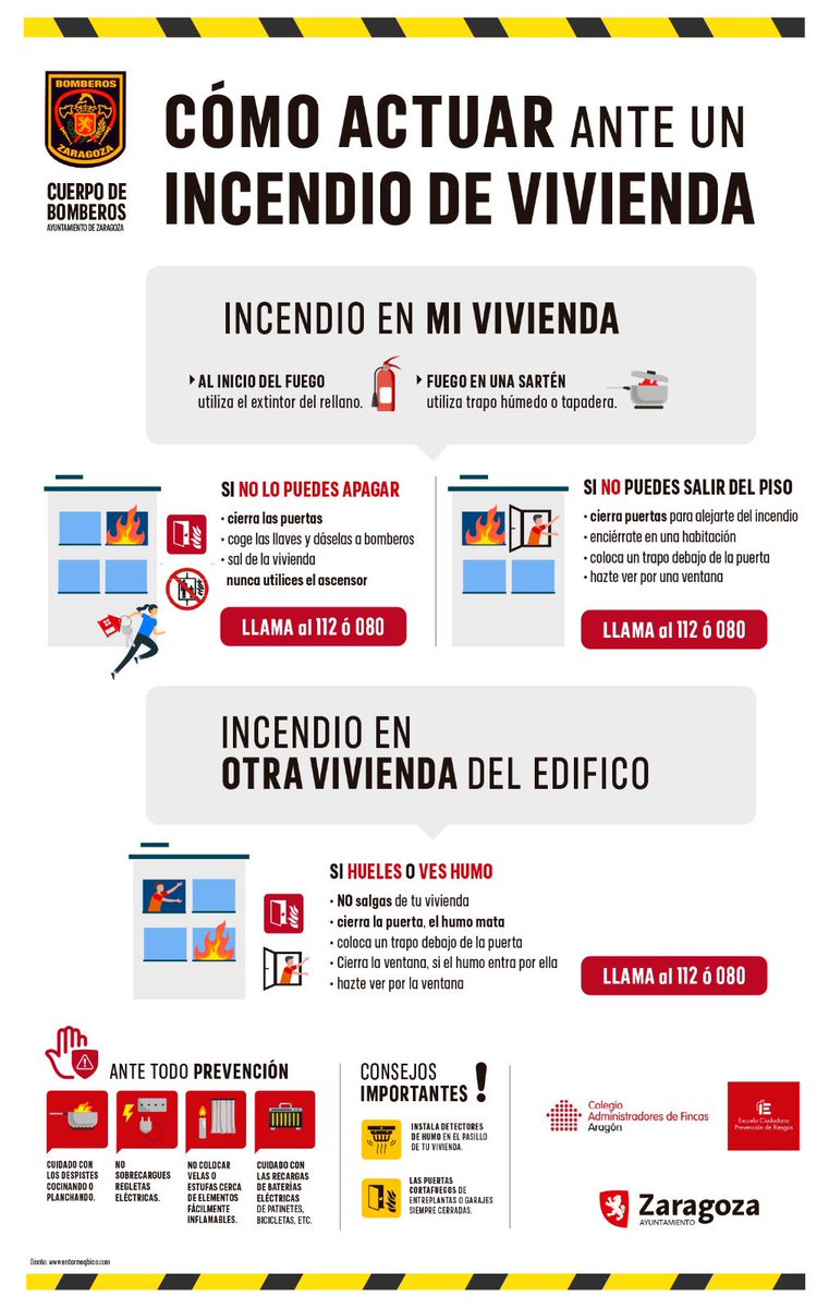 ¿Conoces los procedimientos para actuar ante un incendio de vivienda? 🔥 🏠 Sigue estos consejos elaborados por la Escuela Ciudadana de Prevención de Riesgos de @BomberosZGZ que formarán a 330 administradores de fincas en prevención y gestión de incendios y que se impartirán en…