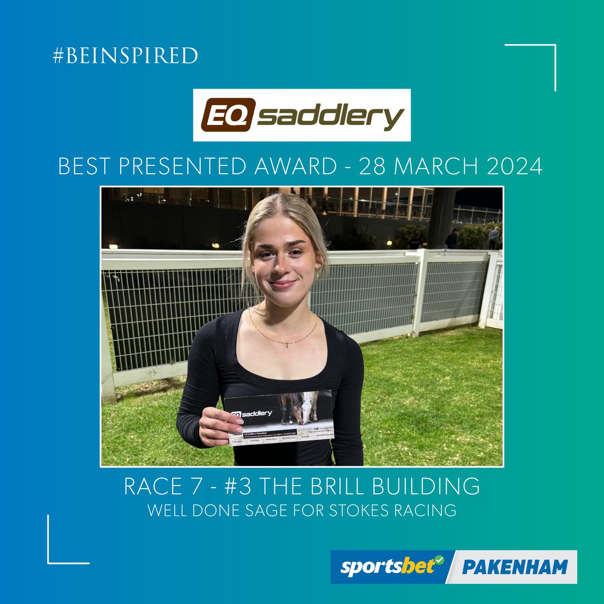 Kylie from EQ Saddlery - Pakenham hands to reins to GM Racing, Alastair Dwyer, to select the best presented from Race 7 tonight! 🙌 Congratulations to Sage and THE BRILL BUILDING for Sportsbet-Pakenham On Course Trainer @pstokesracing! 👏