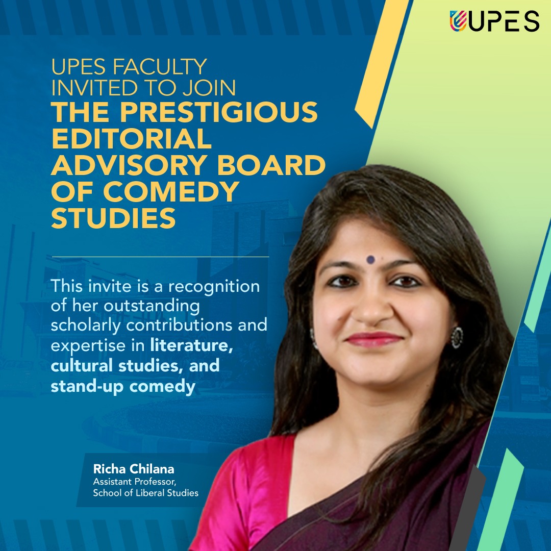Join us in congratulating Dr Richa Chilana, Assistant Professor at the School of Liberal Studies UPES, as she has been invited to join the prestigious Editorial Advisory Board of Comedy Studies! Let's celebrate Richa's well-deserved recognition. 🥳🤩 #UPES #UPESDehradun