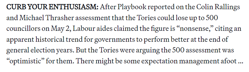 Interesting to see that the 'Tories set to lose 500 seats in local elections' line from Rallings & Thrasher's @lgcplus analysis is already becoming the benchmark for judging the election outcome. This is from @POLITICOEurope's London Playbook