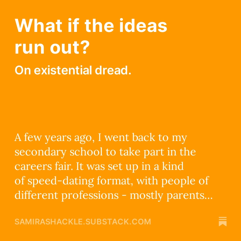 My latest newsletter is about creativity, coming up with ideas - and the time I spoke at a careers’ fair and a student’s question prompted some intense existential dread samirashackle.substack.com/p/what-if-the-…