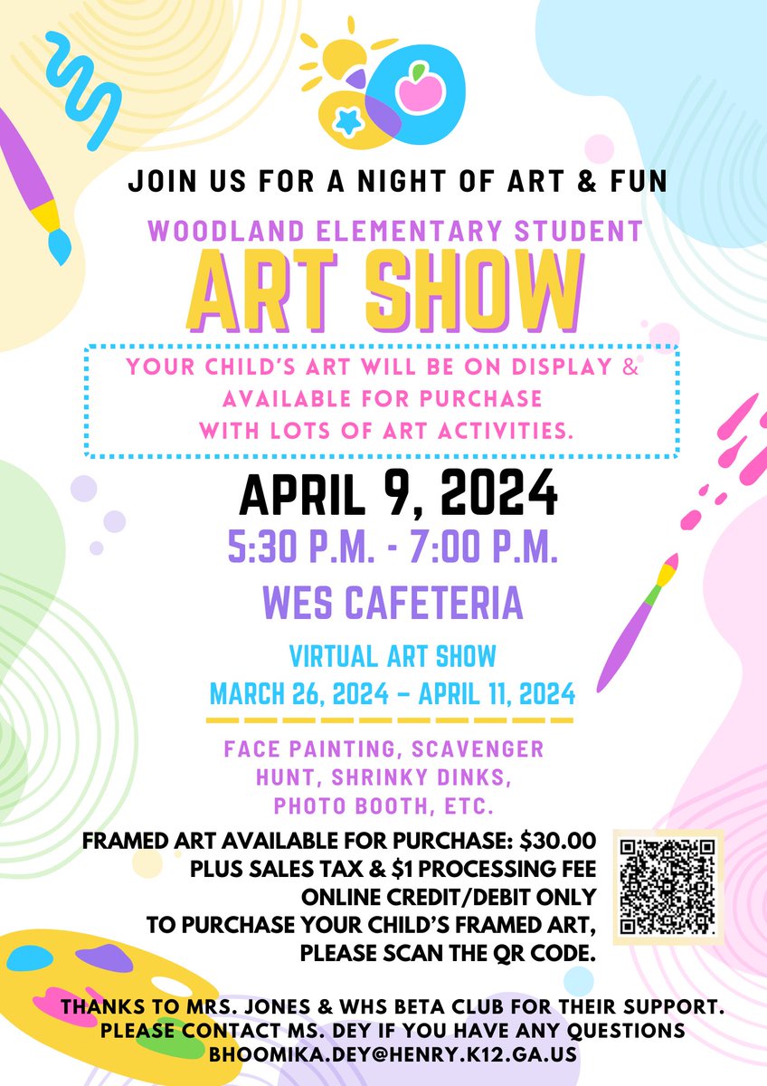 @WoodlandES_HCS art show is here!!!! With the help of @BetaClubWHS it’s going to be the best Art fest with face painting, scavenger hunt, Photo Booth, key chain making, and the biggest showcase of All Woodland wolves’ art works. Come check it out!!! @FineArtsHCS