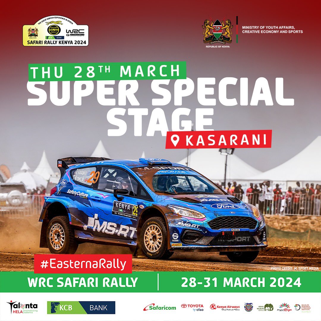 Getting ready for non-stop action, jaw-dropping stunts, and adrenaline-pumping thrills as the drivers ignite the track in the Super special stage at Kasarani from 2pm! Let the games begin!
#EasterNaSafariRally #WRCSafariRally2024 #TwendeVasha