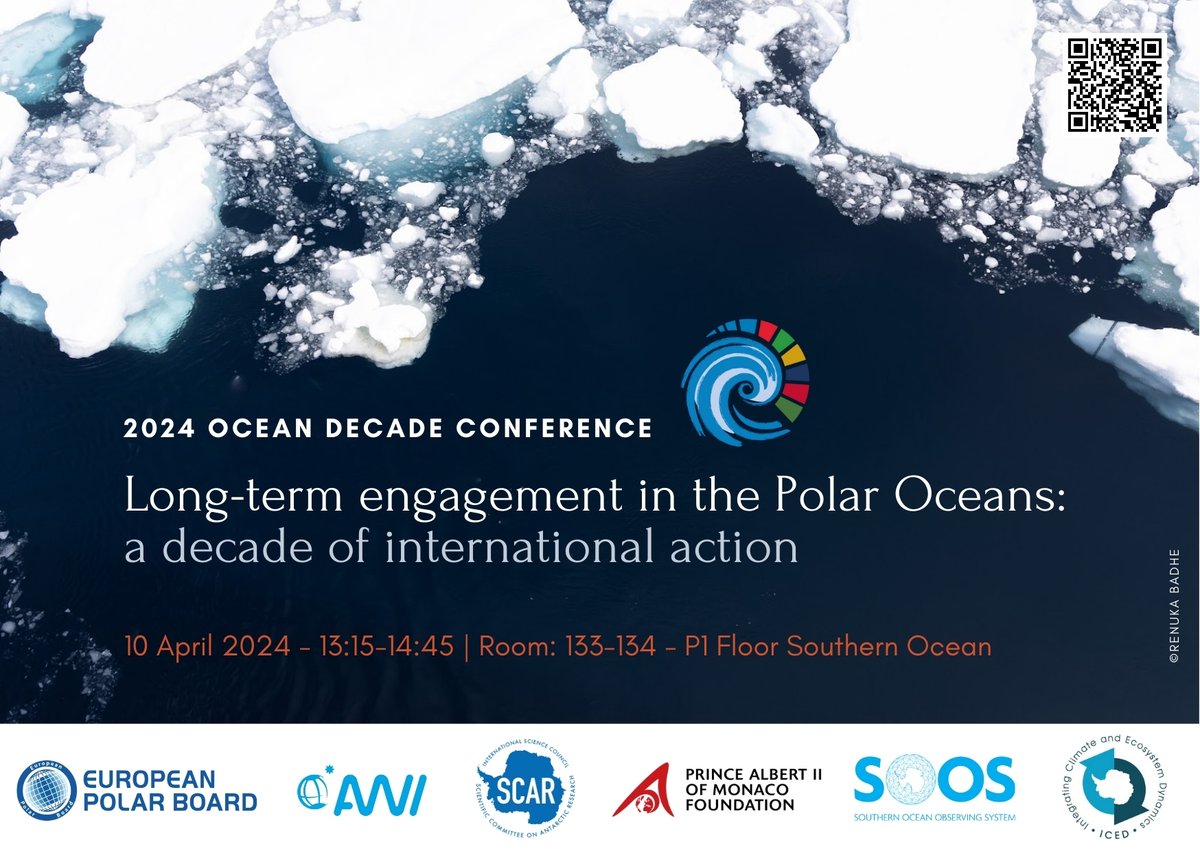 Save the Date! Join our side event at #UNOceanDecade24 Conference on Long-term engagement in the Polar Oceans: a decade of international action. 🗓️ April 10 (1:15-2:45 CEST) @EuPolarBoard @FPA2 @AWI_Media @SCAR_Tweets @SOOSocean ICED