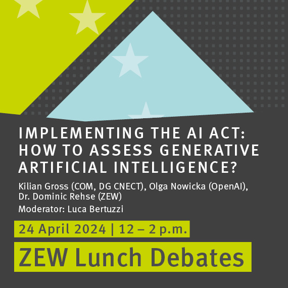 Save the date 📣📅 #ZEW #LunchDebate „Implementing the #AIAct: How to Assess Generative Artificial Intelligence?“ mit Kilian Gross @DigitalEU, @nowicka_o & ZEW-Ökonom @DominikRehse. Moderation: @BertuzLuca Brüssel |24. April |12–14:00 Uhr. Mehr Infos ➡️ zew.de/VA4311-1/?twt=1