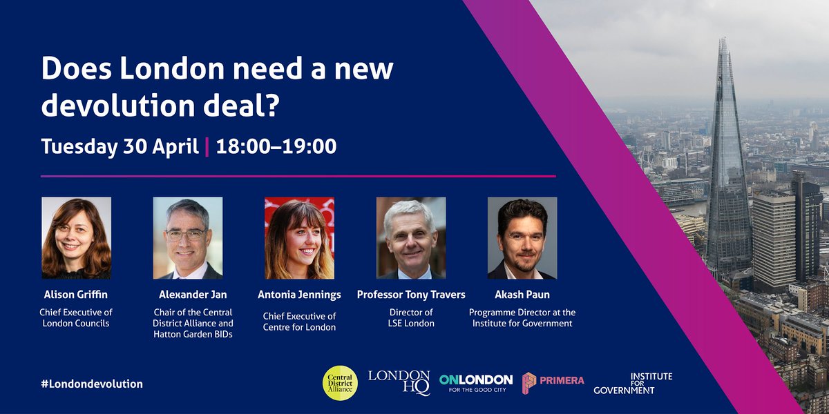 TONIGHT: With just two days to go until the 2024 London mayoral and assembly elections, we'll be exploring whether more powers should be devolved to the capital. 📺Tune in online at 18:00 to hear from @OnLondon @LC_CEX @Alex_Jan_London @tweetingantonia instituteforgovernment.org.uk/event/london-n…