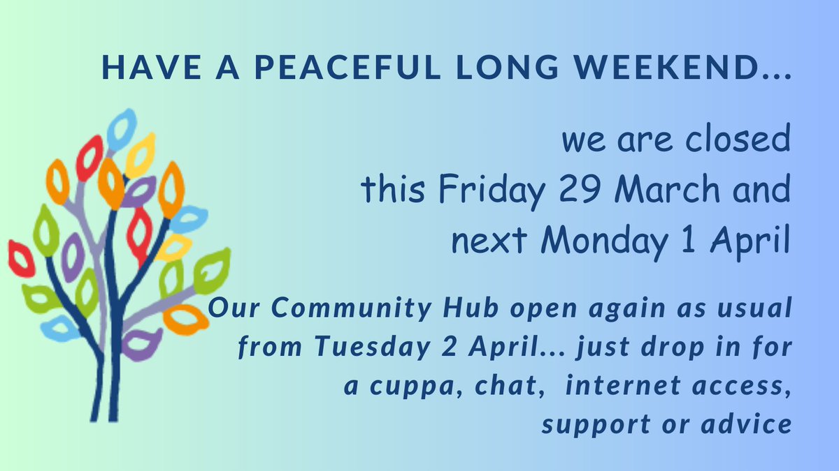 We are back on Tuesday 2 April, just drop in to our warm and welcoming Community Hub for a cuppa or a chat. Stay safe ♥️ #equality #wellbeing #belonging