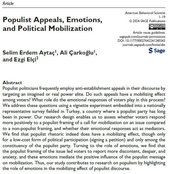 'Populist Appeals, Emotions, and Political Mobilization' is out now! Together with S. Erdem Aytaç @se_aytac and Ali Çarkoğlu, we analyzed the mediating role of emotions in the mobilizing effect of populist discourse. journals.sagepub.com/doi/10.1177/00… @ABSjournal