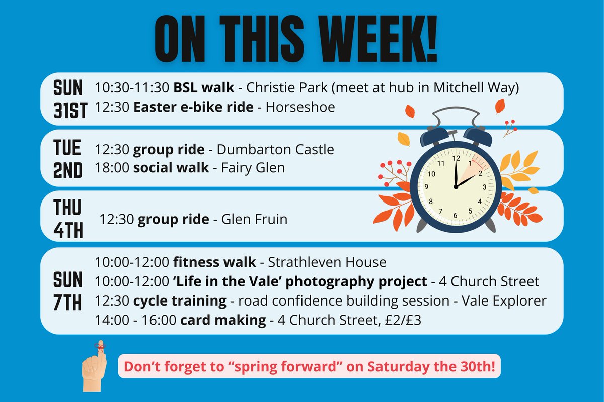 Here's what we've got coming up this week!
To book your place or if you have any questions, you can call us on 01389 752 629, email us at info@valeofleventrust.com or pop by and see us at 9 Mitchell Way, Alexandria.
#valeofleventrust #pathsforall #cyclingscotland