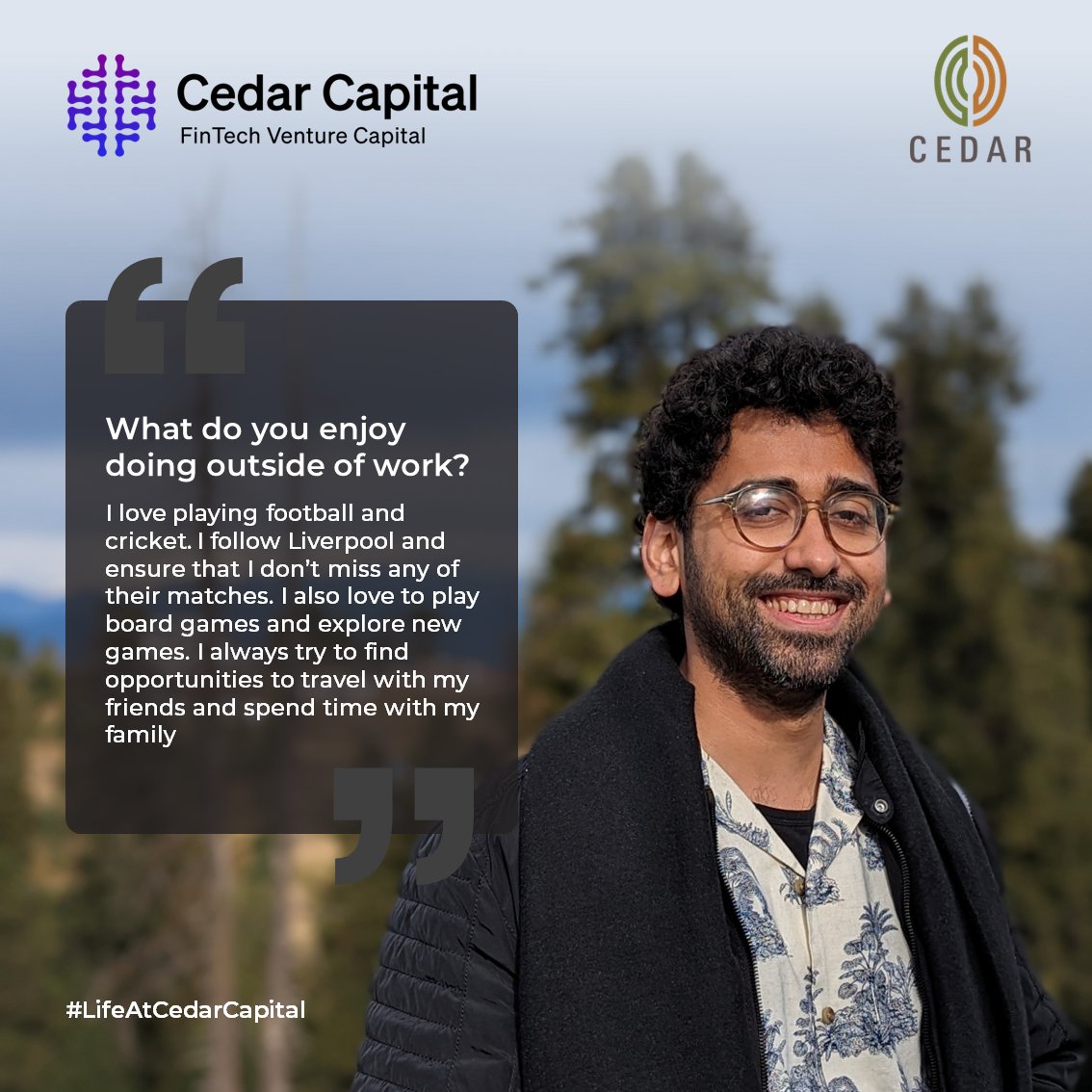 2+ amazing years at Cedar! Interacting & learning from diverse stakeholders fuels my journey. We innovate & set new benchmarks effortlessly, driven by our global team. 
Read more about Alan Nigrel's inspiring journey!  

#LifeatCedarCapital #PeopleSpotlight #WorkCulture #JoinUs