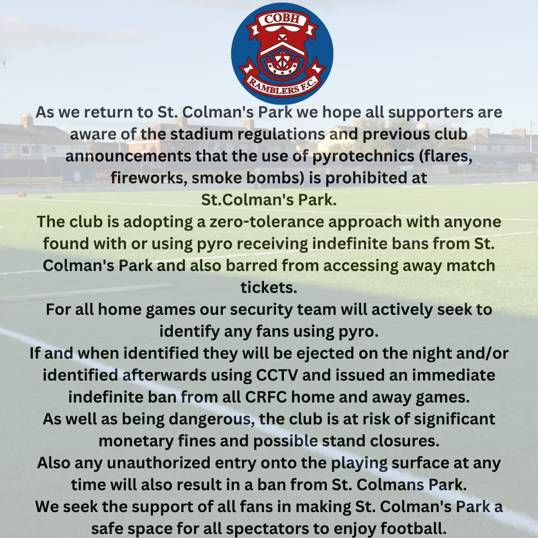 As we return home we are asking supporters to help us make the new look St. Colmans Park a safe and friendly venue for everyone to visit and be proud of. Please read the statement below and be aware of the stadium rules/regulations 🟣🔵