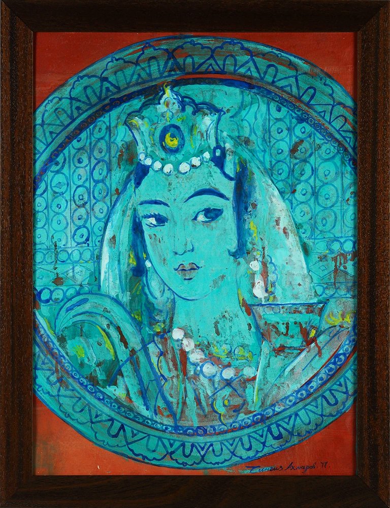 Chingiz Akhmarov's paintings are on display in numerous art collections, including the Museum of Arts of Uzbekistan, Museum of Applied Arts, Navoi State Museum of Literature, 7 Kokand Literature Museum. ’Portrait of a Girl’ (1977).