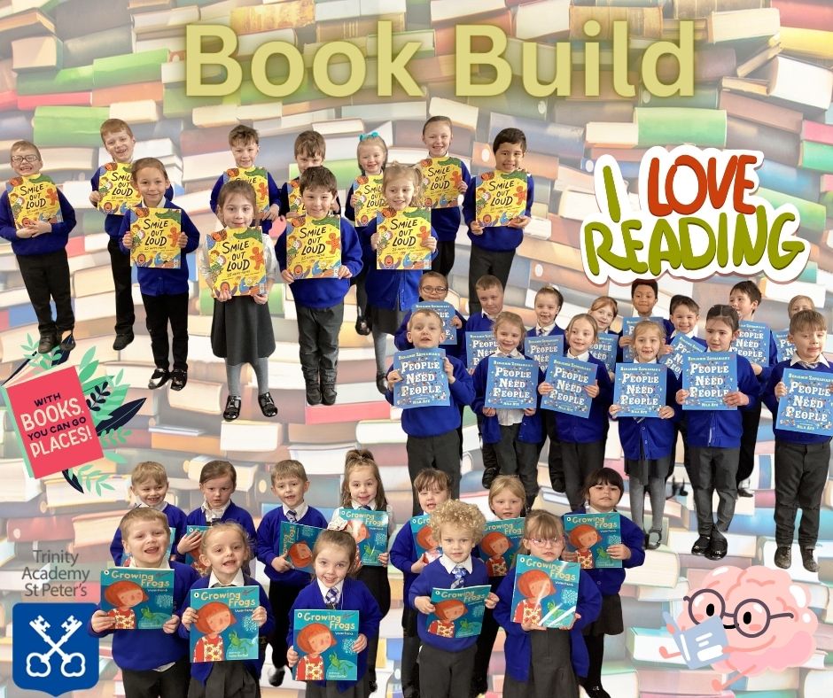 TrinityAcadStP's tweet photo. Today, our Reception and Year 1/2 children each received their 4th book as part of our Book Build mission to grow their own home library by the end of Key Stage 1. What a brilliant collection of books they're going to have!📚   

Happy Reading! #ReadingForPleasure #BookBuild https://t.co/PFUfpcHnAx