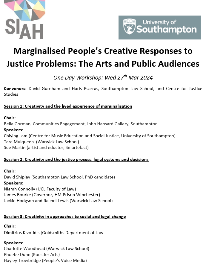 Many thanks to everyone involved in our "Marginalised People’s Creative Responses to Justice Problems: The Arts and Public Audiences" workshop yesterday #marginalisation #creativity <a href="/Soton_SIAH/">Southampton Institute for Arts and Humanities</a> <a href="/UoSLawSchool/">University of Southampton Law School</a> <a href="/DavidGurnham/">David Gurnham</a> and Haris Psarras
