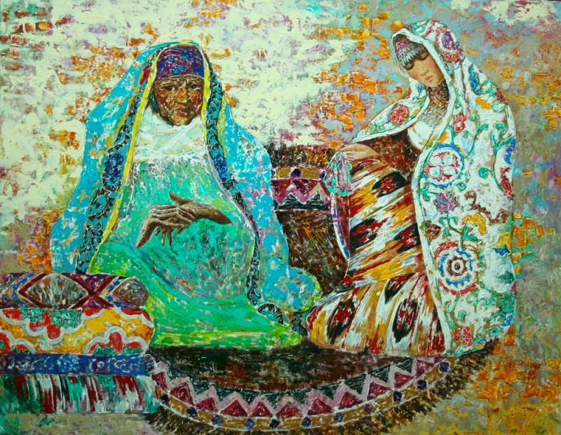 “Only in searching, do we comprehend the whole raison d'etre of our life's journey.”  Namangan-born Akmal Nuriddinov originally trained in traditional ornamental painting, but he developed his own symbolism in his works. 'Mother-in-law and Bride’ (2009).