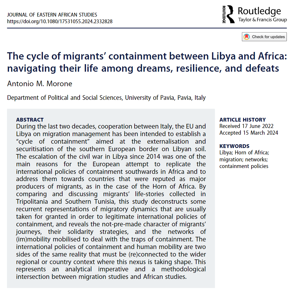 Now online: The cycle of migrants’ containment between #Libya and Africa: navigating their life among dreams, resilience, and defeats by Antonio M. Morone doi.org/10.1080/175310… #HornOfAfrica