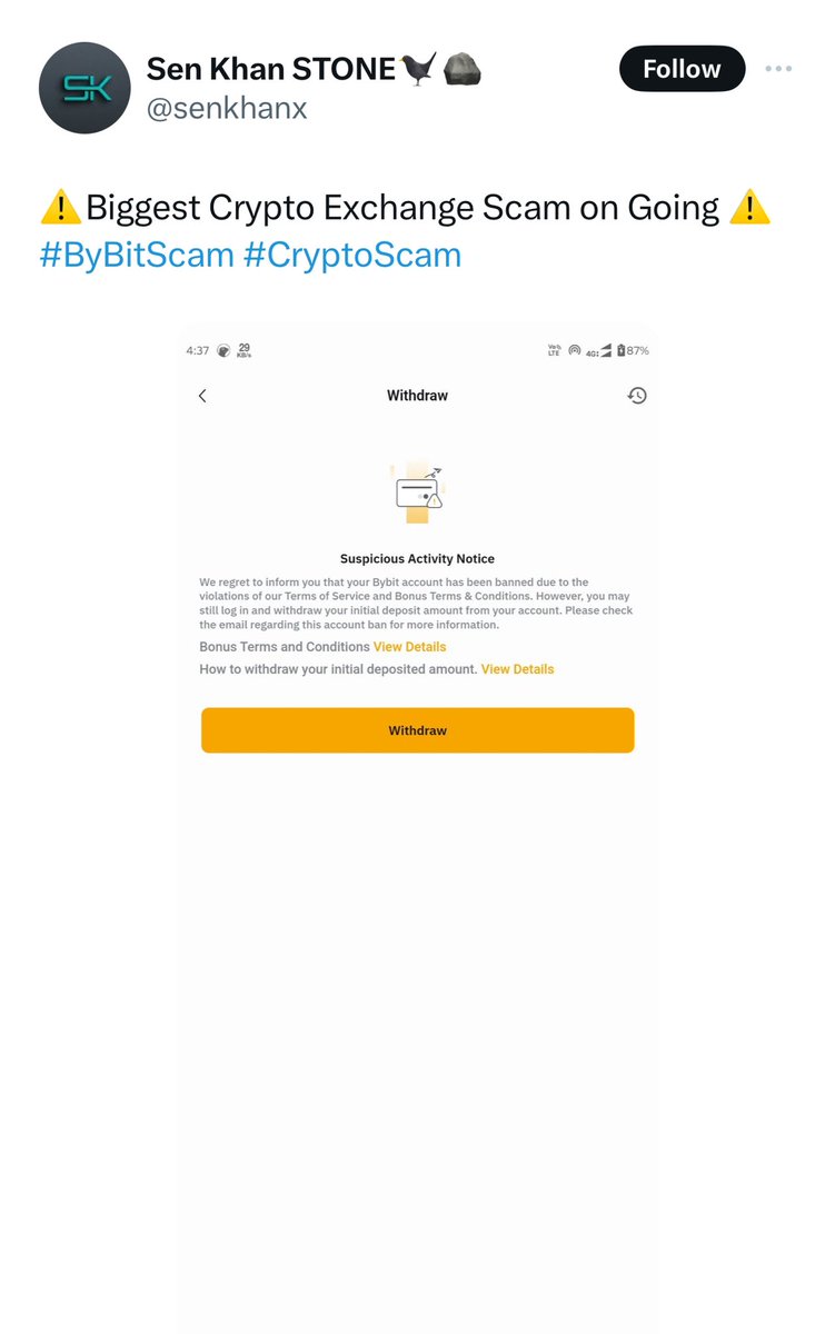 I think people need to be careful of @Bybit_Official @BybitAfrica... I registered + completed verification with them and immediately deposited $7k+ yesterday via P2P. There was no problem at all until I tried withdrawing some amount yesterday and they requested another