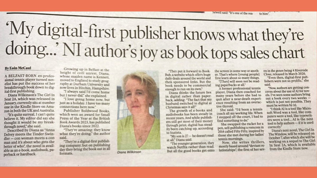 A brilliant write up in The Belfast Telegraph for @DiWilkinson2020! 🎉 Her latest book and # 1 bestseller #TheGirlinSeat2a is available to buy here: mybook.to/girlinseat2aso…