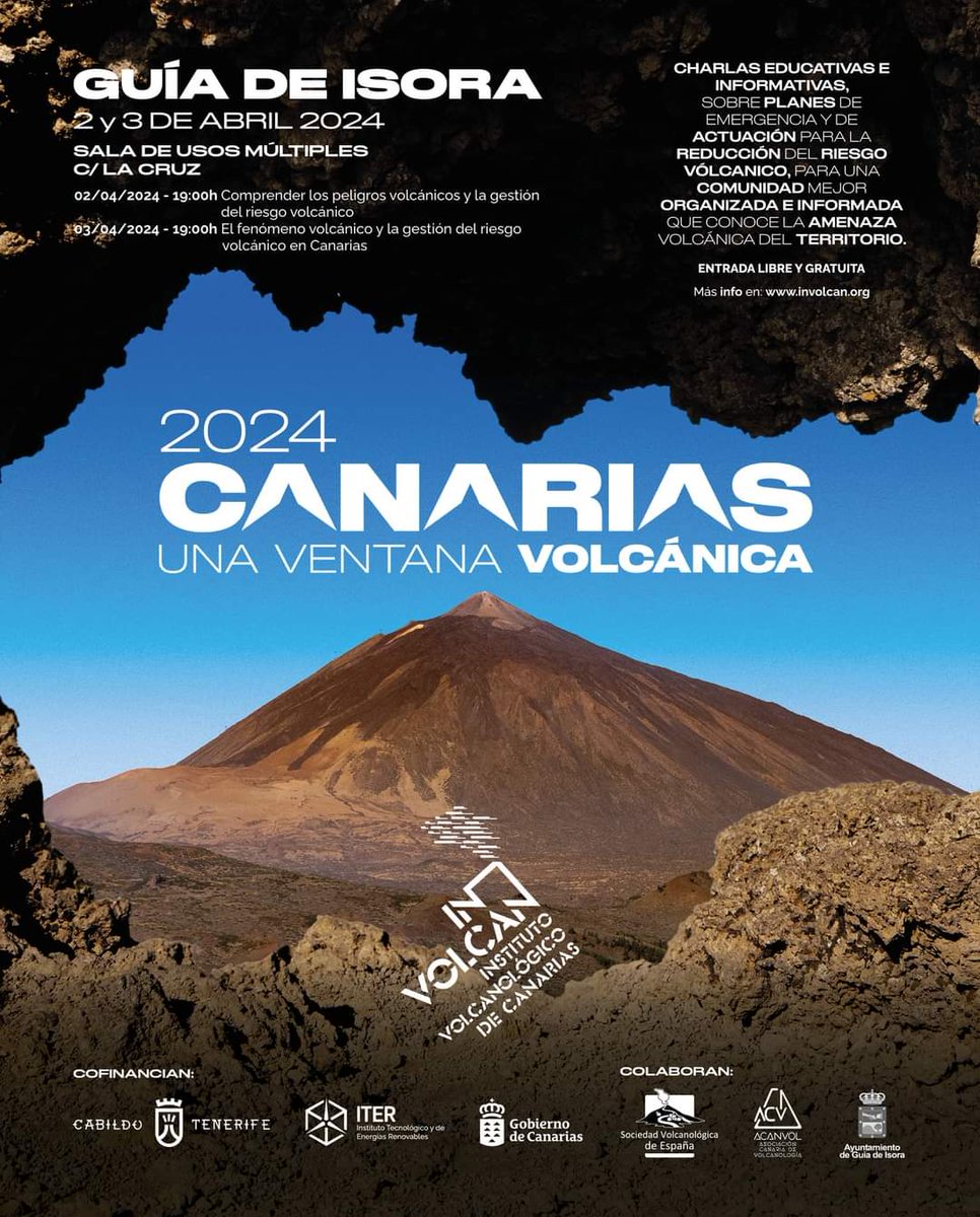 Nuestro programa educativo «Canarias: una ventana volcánica en el Atlántico», visita el Auditorio de Guía de Isora (Sala de Usos Múltiples en c/ La Cruz) en Tenerife, los días 2 y 3 de abril, a las 19h, recuerda la asistencia es libre y gratuita. No te lo pierdas! 🌋 #involcan