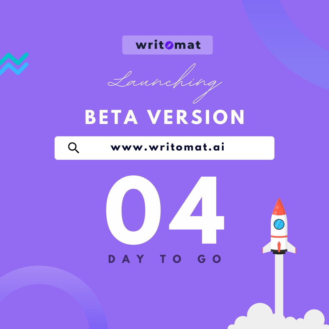 writomat's tweet photo. 🚀Writomat's beta version is ready for launch in 4 days! Introducing your new AI-assisted writing partner. Stay tuned for offers and discounts!

#WritomatBeta #AIWritingRevolution #betaversion #4daystogo #WritingCompanion #TechLaunch https://t.co/wSWSgUjhsw