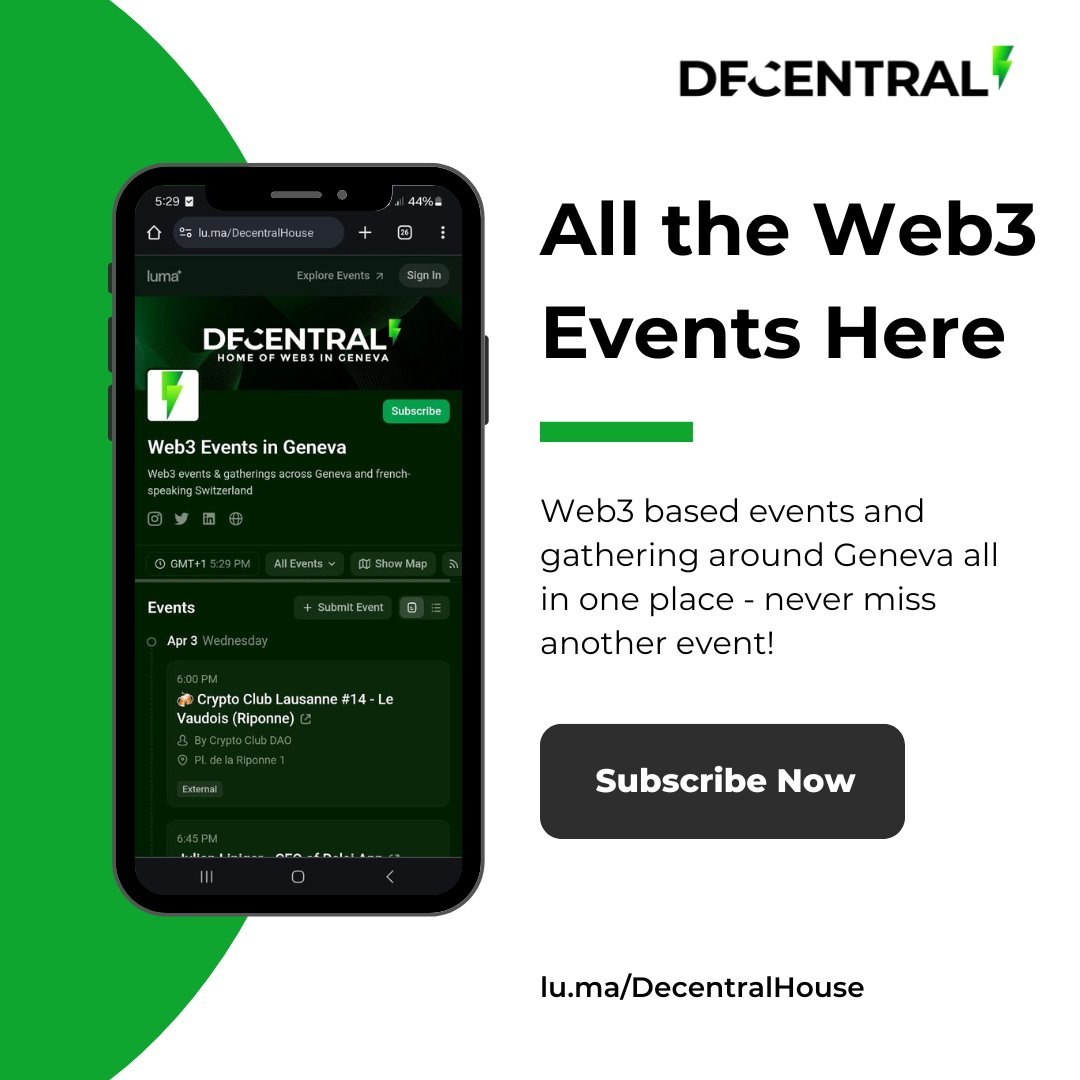 🗓️ Stay plugged into Geneva's Web3 scene! Our Luma calendar curates all local Web3 events. Don't miss your chance to network and learn. 👉 Explore now: lu.ma/DecentralHouse #Geneva #BlockchainEvents #web3community