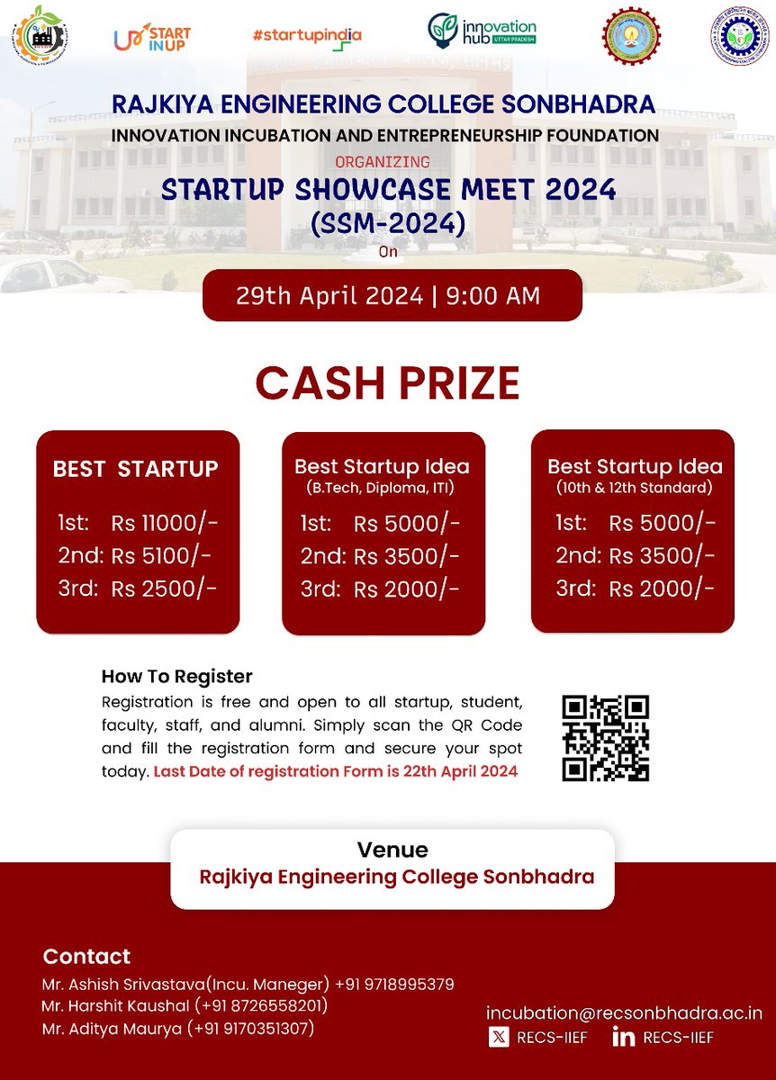 @AKTU_Lucknow @InnovationHubUP @UPStartuppolicy @Vijayps19 RECS-IIEF organizing Stratup show case meet at Rajkiya Engineering College Sonbhadra on 29th April 2024. Please book your slot for participation. Winner 🏆 will be awarded ...