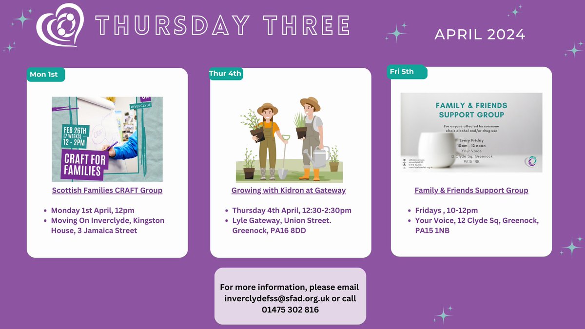 Happy Thursday! Here is this week's 'Thursday Three'! ✨ If you would like to find out more about the group & have a chat please contact our Scottish Families Inverclyde Family Support Service ✉️ inverclydefss@sfad.org.uk ☎️01475 302 816