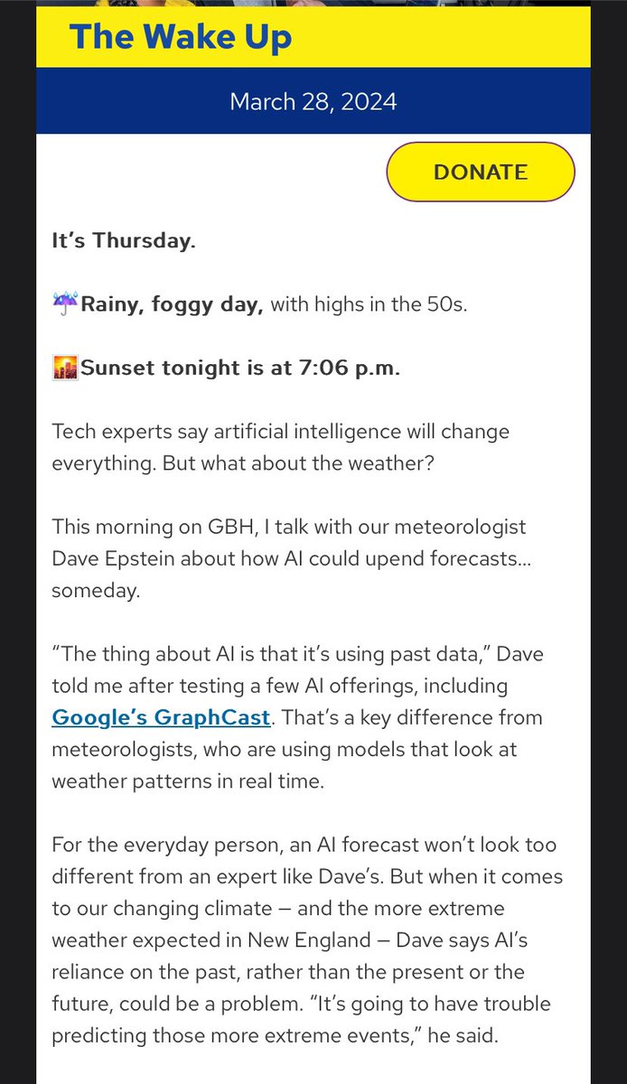 Artificial intelligence is expected to change everything, from movies to medicine. But what about the weather? @growingwisdom talks AI forecasts with me on @GBHNews at 7:45 and 9:45am. Listen + read more in our @GBH newsletter: gbhnews.org/thewakeup