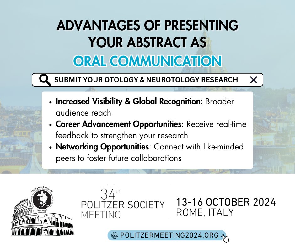 Choose the best format for you! You can present your #Otology & #Neurotology research at our 34th #Politzer Society Meeting via various engaging formats such as Instructional Course, Oral Presentation, Poster Presentation, and Video Session Submit today: bit.ly/46B4xyT