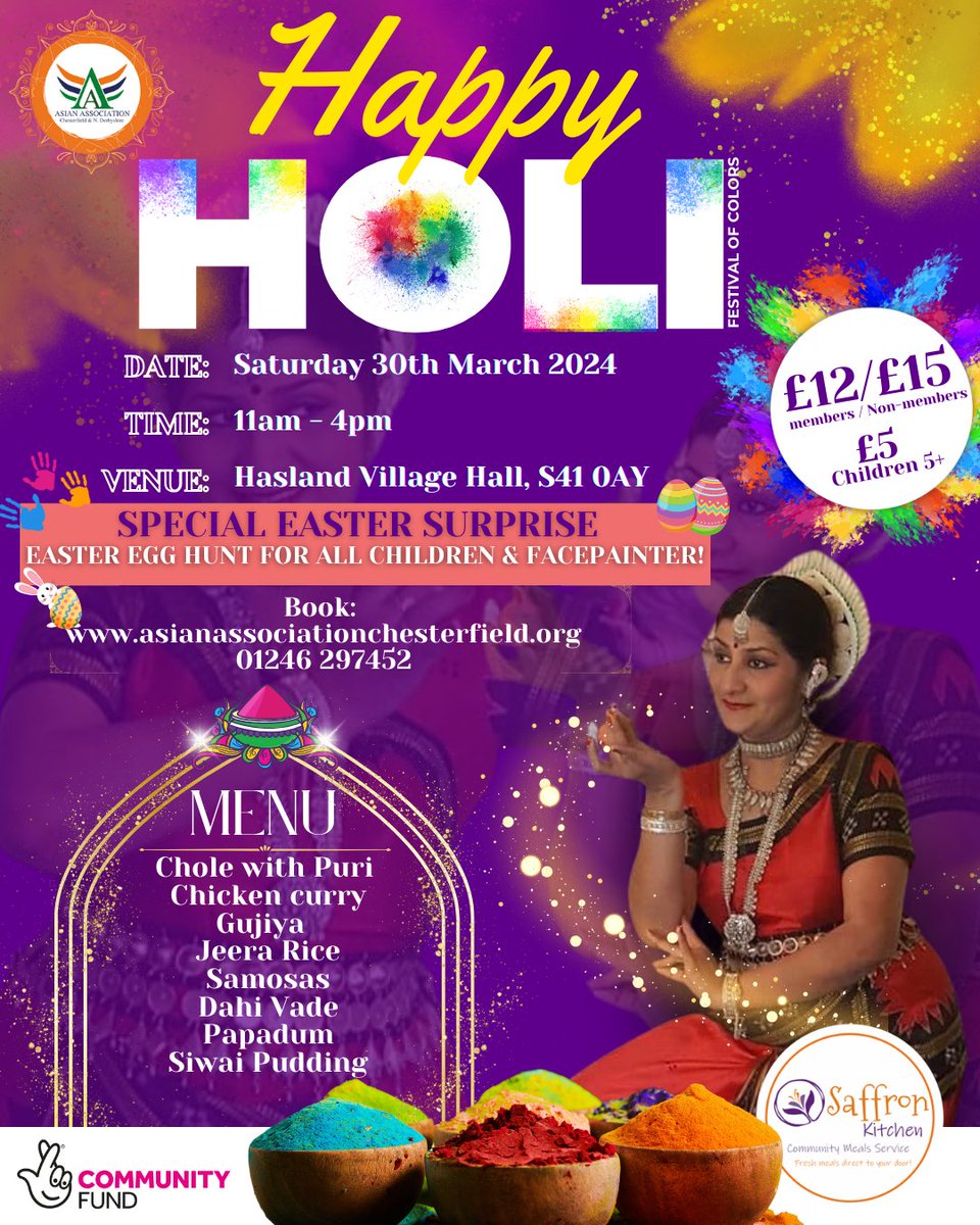 In light of the Easter holidays, we're excited to announce a few extra spaces have opened up—perfect for those who haven't yet grabbed their spot!

Book your tickets:
asianassociationchesterfield.org/tickets
TODAY ONLY!

#HoliEasterFiesta #CommunityJoy #AsianAssociationChesterfield